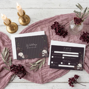 Dunkle Bordeaux-Gotische-Totenkopf-Blumen-Hochzeit Save The Date