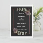 Dunkle Botanische Distel Eukalyptus Hochzeit Termi Save The Date (Stehend Vorderseite)