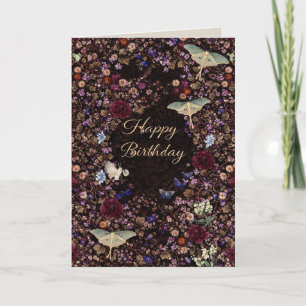 Dunkle Botanische Geburtstags-Vintage-Blumen-Motte Karte