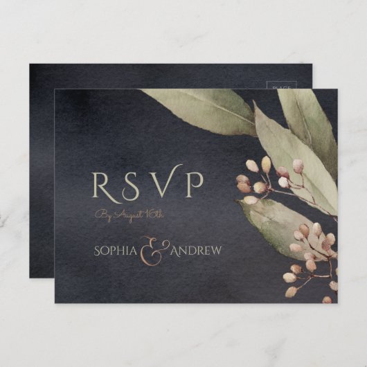 Dunkle botanische Vegetation RSVP Hochzeit Einladungspostkarte (Vorne/Hinten)