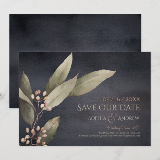 Dunkle botanische Vegetation rustikal Save the Dat Date (Vorne/Hinten)