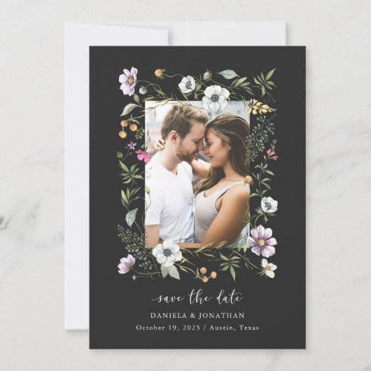 Dunkle botanische Wildblumen | Foto- und QR-Code Save The Date (Vorderseite)