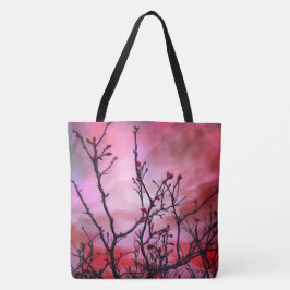 Dunkle Branchen roten Buds und fiery Sky Tasche