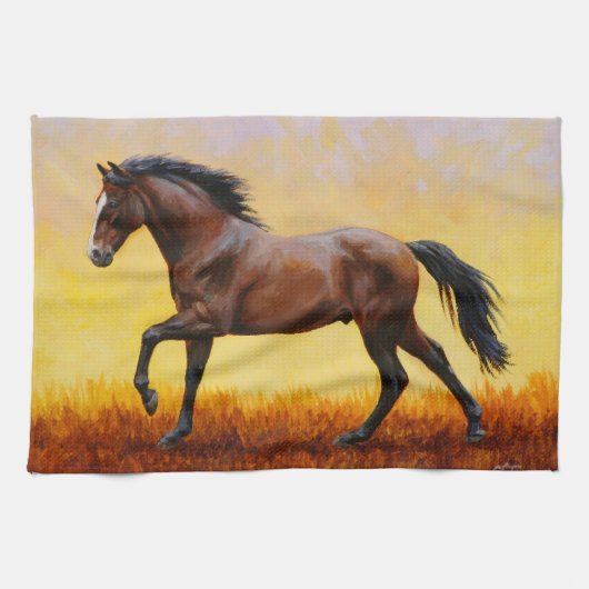 Dunkle Bucht Stallion Pferde Galopp Geschirrtuch (Horizontal)