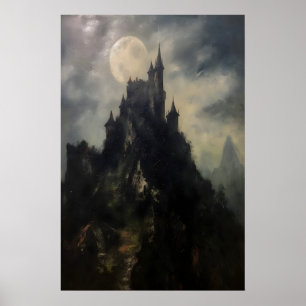 Dunkle Burg auf dem Berg Antike Ölmalerei Poster