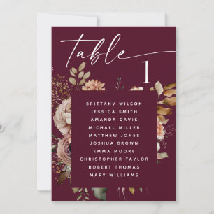 Dunkle Burgunder-Hochzeitssitzordnung   Boho-Flora Einladung