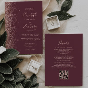 Dunkle Burgunder-Roségold-Glitter-QR-Code-Hochzeit Einladung