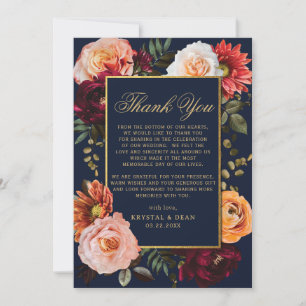 Dunkle Burgunderrote Orangefarbene Florale Navy Go Dankeskarte