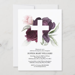Dunkle Burgundy-Rose und Baptismus der Weißen Kreu Einladung