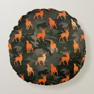 Dunkle Camouflage mit Orange Deer Rundes Kissen
