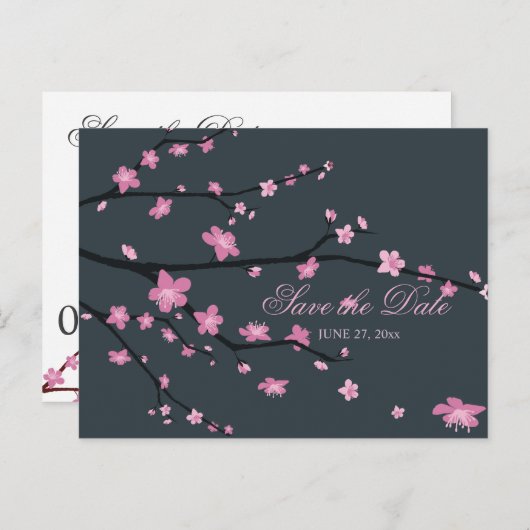 Dunkle Cherry Blossom Hochzeit speichern das Datum Ankündigungspostkarte (Vorne/Hinten)