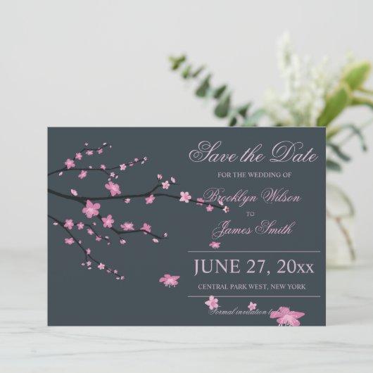 Dunkle Cherry Blossom Hochzeit speichern das Datum Save The Date (Stehend Vorderseite)