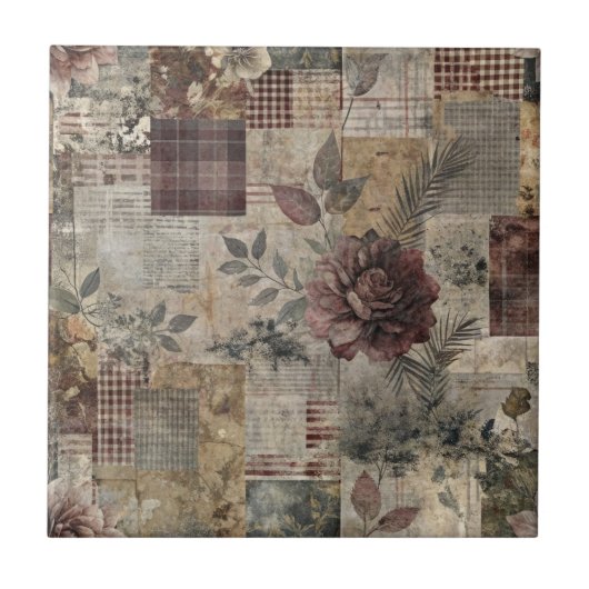 Dunkle Cottage-Blumenpatchwork - Burgunderrot & Ho Fliese (Vorderseite)
