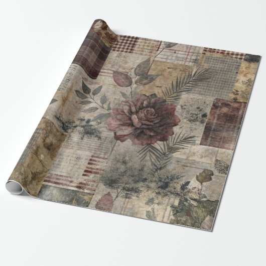 Dunkle Cottage-Blumenpatchwork - Burgunderrot & Ho Geschenkpapier (Ungerollt)