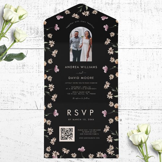Dunkle Creme Wildblumen Foto QR Code Hochzeit All In One Einladung