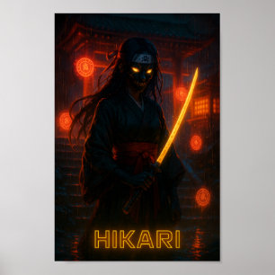 Dunkle Cyberpunk-Anime-Girl mit glühender Katana Poster