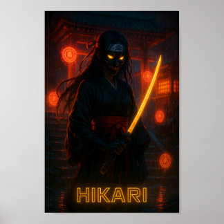 Dunkle Cyberpunk-Anime-Girl mit glühender Katana Poster