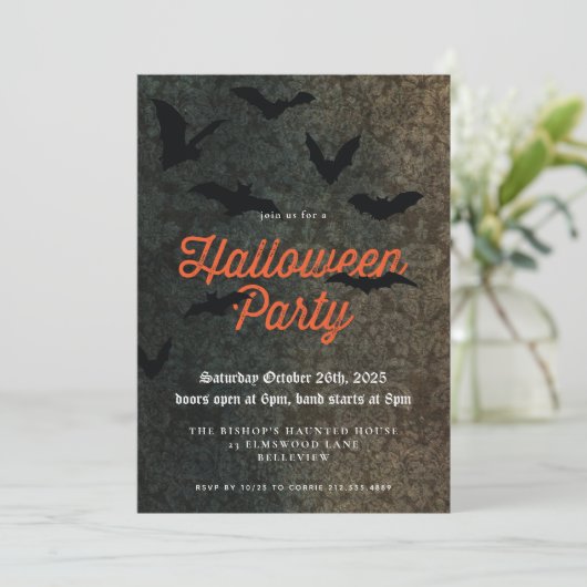 Dunkle Damast und Fledermäuse Halloween-Party Einl Einladung (Stehend Vorderseite)