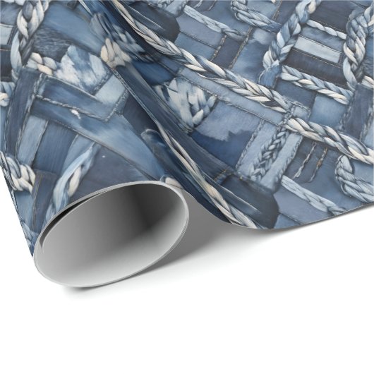 Dunkle denim-reparatur-patchwork-und-zöpfe geschenkpapier (Rolleneckpunkt)