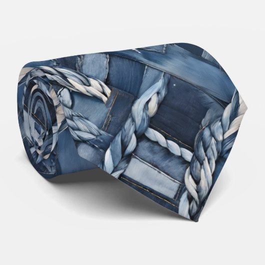 Dunkle denim-reparatur-patchwork-und-zöpfe krawatte (Gerollt)