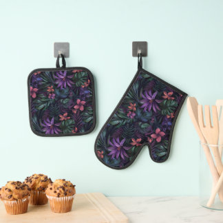 Dunkle Dschungel-Blume Ofenhandschuh & Topflappen-Set