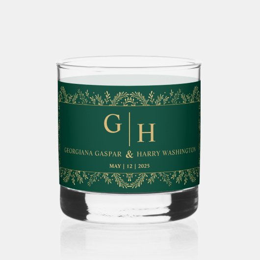 Dunkle Dschungelgrün-goldene Leaf-Grenz-Blumenhoch Whiskyglas (Rückseite)