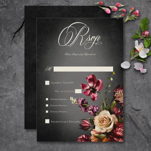 Dunkle Elegant Blur Herbstflorale Hochzeitsessen RSVP Karte
