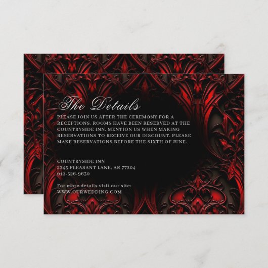 Dunkle Elegant Rot & Schwarz Gothic Damask Hochzei Begleitkarte (Vorne/Hinten)