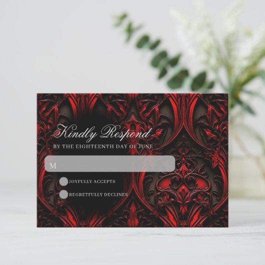 Dunkle Elegant Rot & Schwarz Gothic Damask Hochzei RSVP Karte (Stehend Vorderseite)