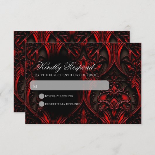 Dunkle Elegant Rot & Schwarz Gothic Damask Hochzei RSVP Karte (Vorne/Hinten)