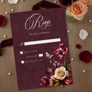 Dunkle elegante Herbst-Blumen-Burgunder-Hochzeit RSVP Karte
