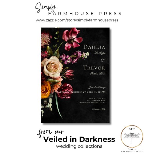 Dunkle elegante Herbstblütenhochzeit Einladung