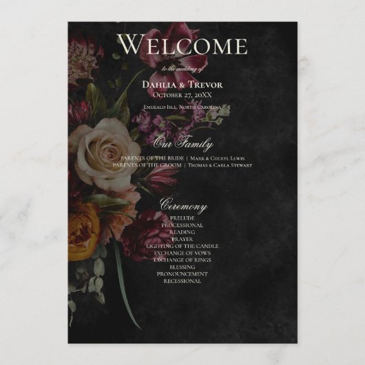 Dunkle elegante Herbstblütenhochzeit Programm (Vorderseite)