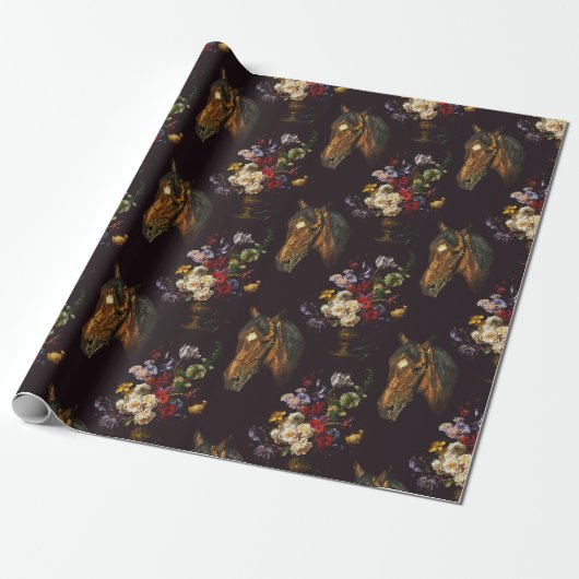 Dunkle elegante Vintage-Pferd-Blumen Geschenkpapier (Ungerollt)