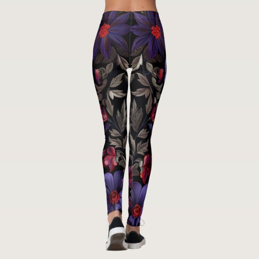 Dunkle Eleganz: Schwarzes und Lila Blumenmuster Leggings (Rückseite)