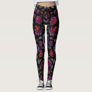 Dunkle Eleganz: Schwarzes und Lila Blumenmuster Leggings