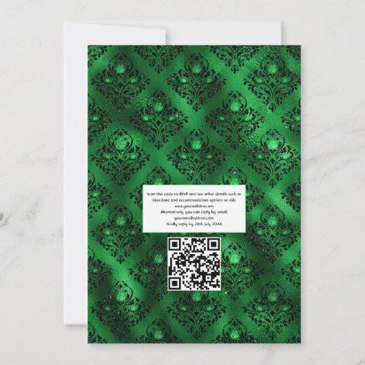 Dunkle Emerald- und Gold Floral QR Code UAWG Weddi Einladung (Rückseite)