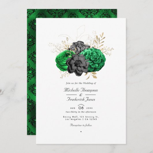 Dunkle Emerald- und Gold Floral QR Code UAWG Weddi Einladung (Vorne/Hinten)