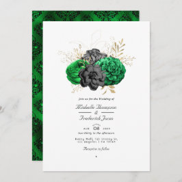 Dunkle Emerald- und Gold Floral QR Code UAWG Weddi Einladung