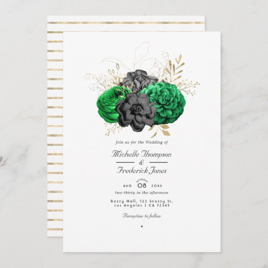 Dunkle Emerald- und Gold Floral QR Code UAWG Weddi Einladung (Vorne/Hinten)