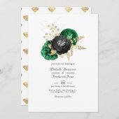 Dunkle Emerald- und Gold Floral QR Code UAWG Weddi Einladung (Vorne/Hinten)