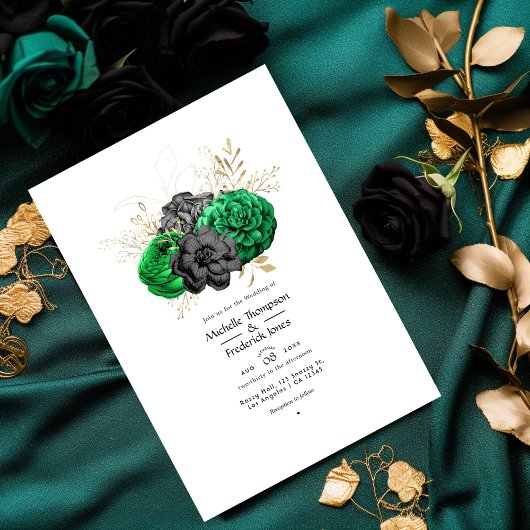 Dunkle Emerald- und Gold Floral Wedding Einladung