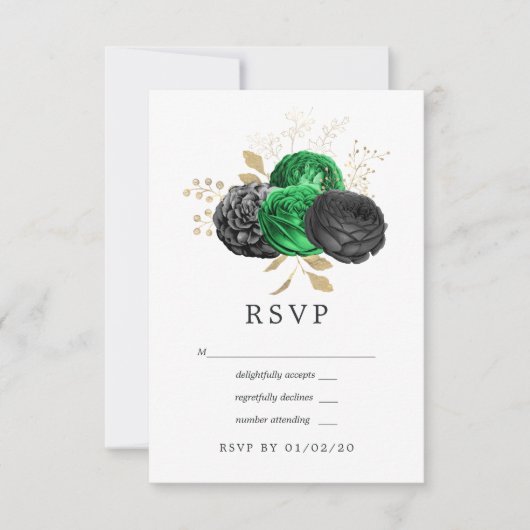 Dunkle Emerald- und Gold Floral Wedding RSVP Karte (Vorderseite)