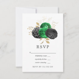 Dunkle Emerald- und Gold Floral Wedding RSVP Karte