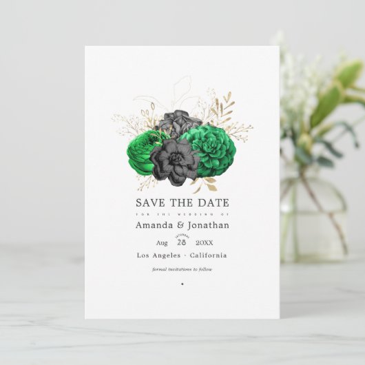 Dunkle Emerald- und Gold Floral Wedding Save The Date (Stehend Vorderseite)