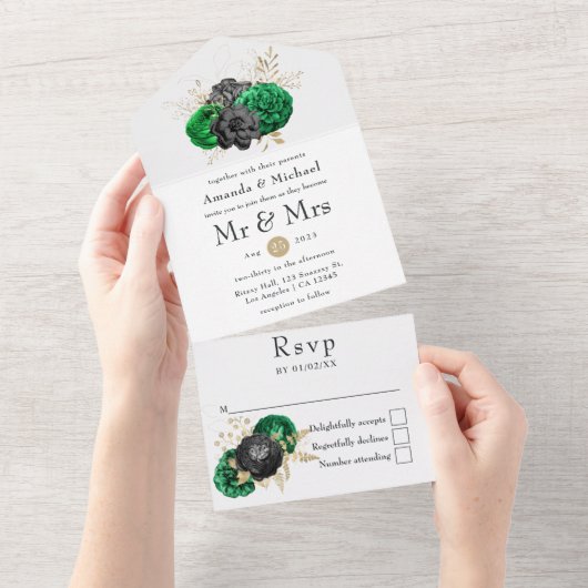 Dunkle Emerald- und Goldblumenhochzeit All In One Einladung (Abreißen)