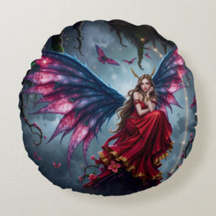 Dunkle Fantasy Fee Königin mit Schmetterlingsflüge Rundes Kissen