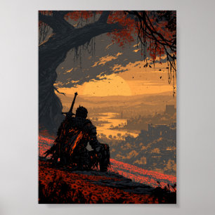 Dunkle Fantasy: Ruhender Ritter mit Blick auf den  Poster
