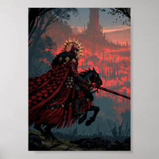 Dunkle Fantasy Schachbrett-Ritter zu Pferd Poster