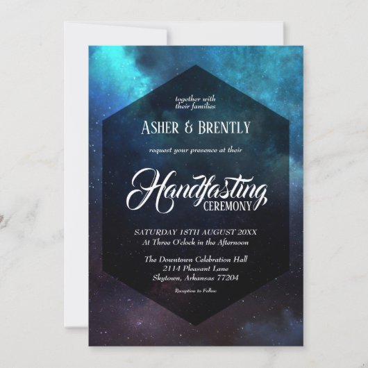 Dunkle farbenfrohe Sternennebel-Handfastfeier Einladung (Vorderseite)
